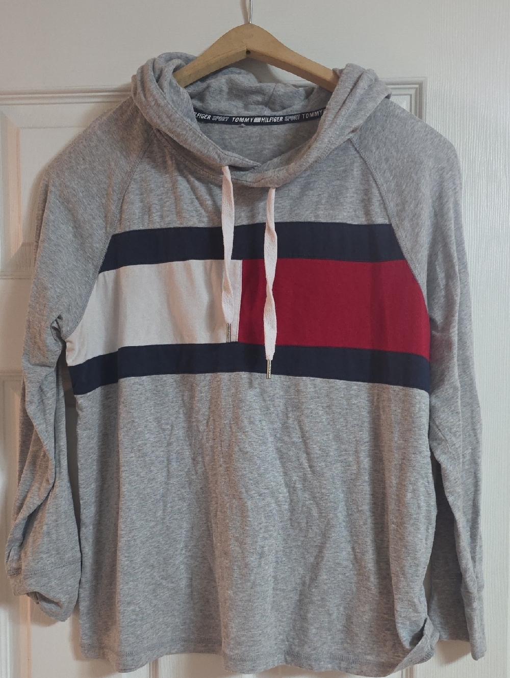 Tommy Hilfiger Grey Hoodie with Navy, White & Red Chest Stripe